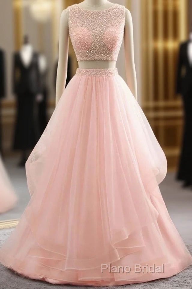 Pink See Through Tulle Beading Strapless Two Piece Formal Prom Dresses Main image