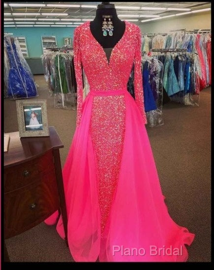 Pink Sequin Formal Prom Dresses Long Sleeves V Neck Formal Gowns With Train