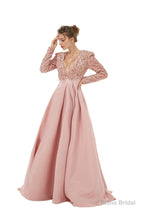 Sequined Satin A Line Front Slit V Neck Full Sleeve Sweep Train Long Prom Dresses