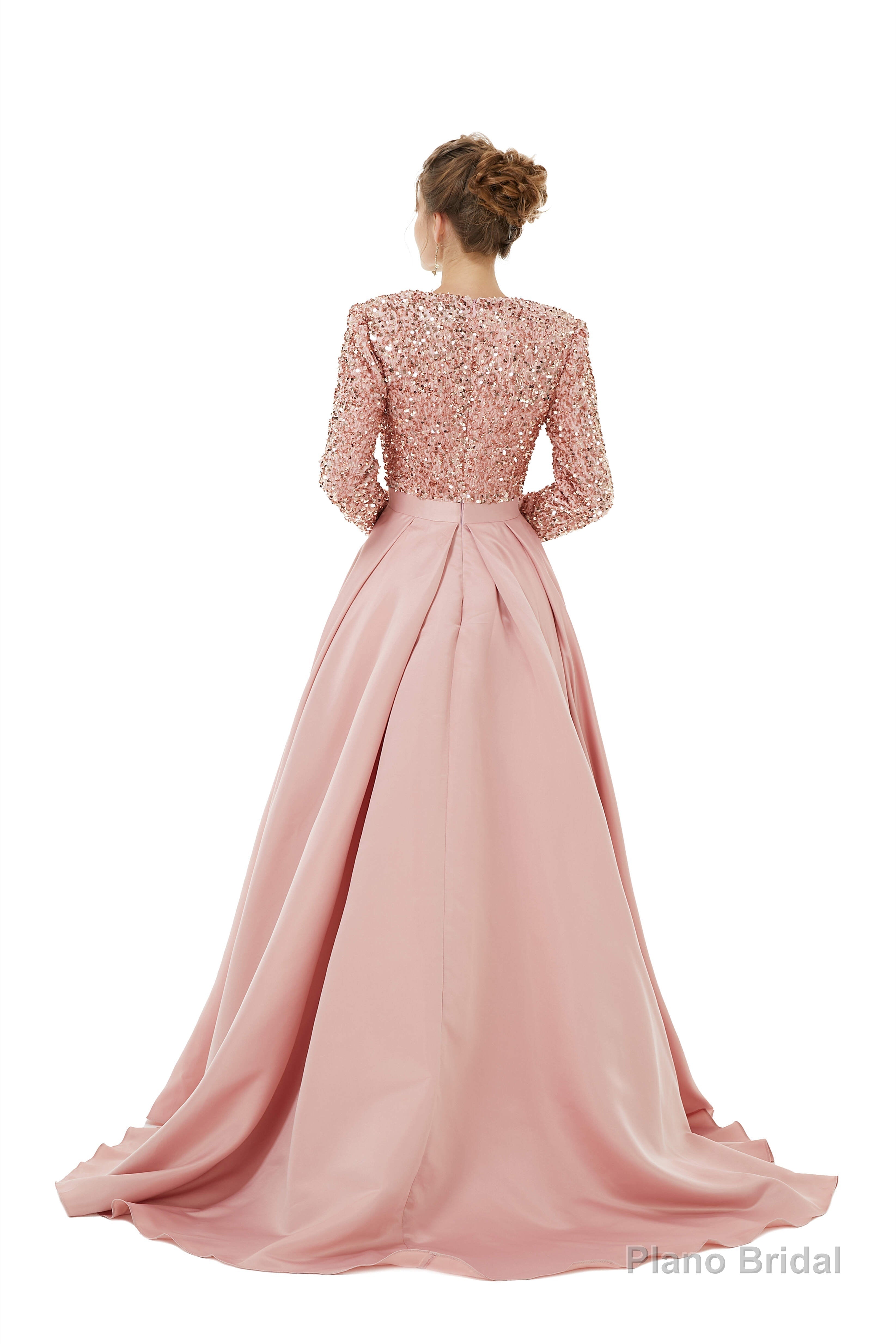 Sequined Satin A Line Front Slit V Neck Full Sleeve Sweep Train Long Prom Dresses