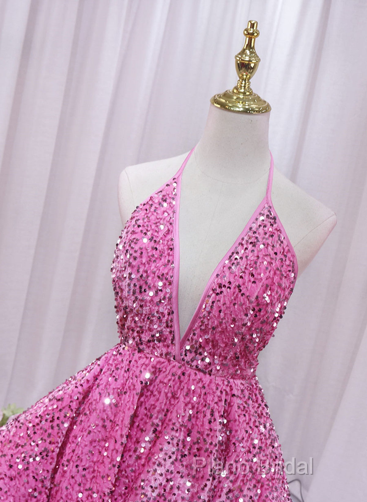 Pink Sequins Halter Backless Short Homecoming Dresses, Pink Short Formal Prom Dresses Secondary image