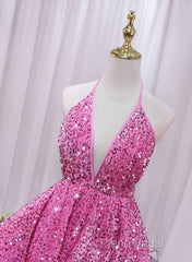 Pink Sequins Halter Backless Short Homecoming Dresses, Pink Short Formal Prom Dresses