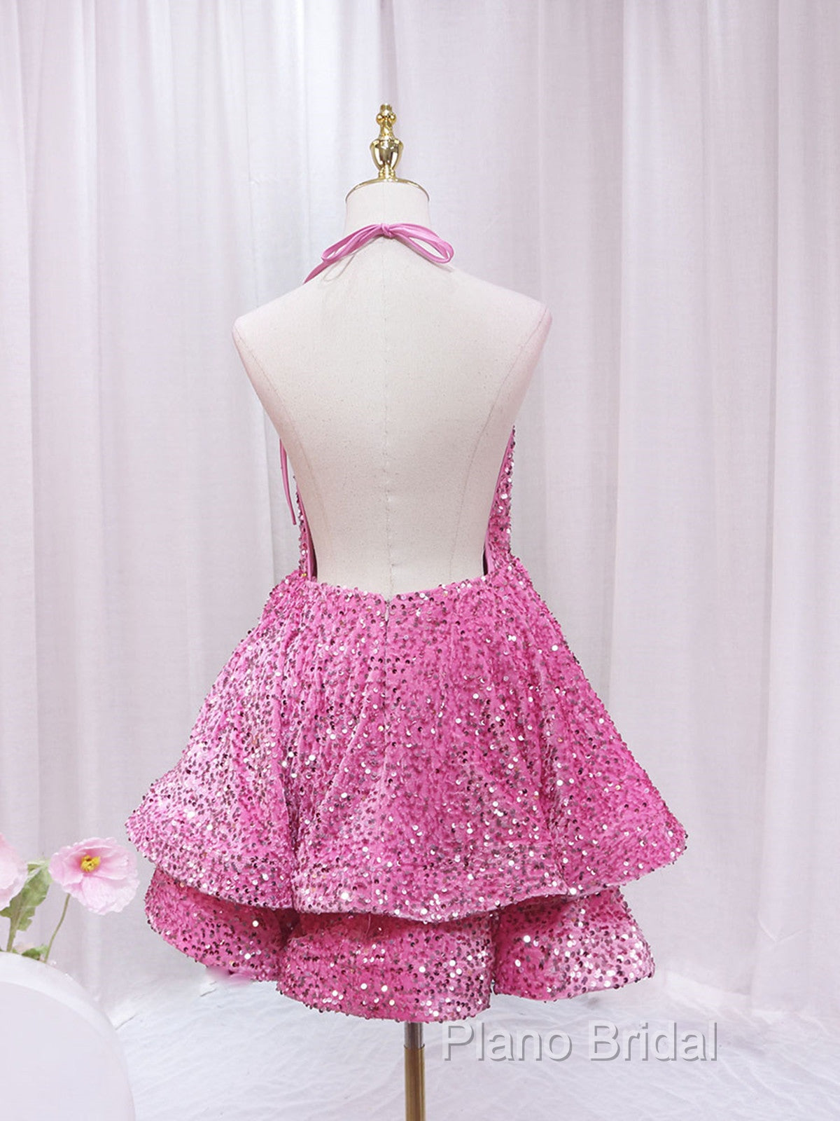 Pink Sequins Halter Backless Short Homecoming Dresses, Pink Short Formal Prom Dresses