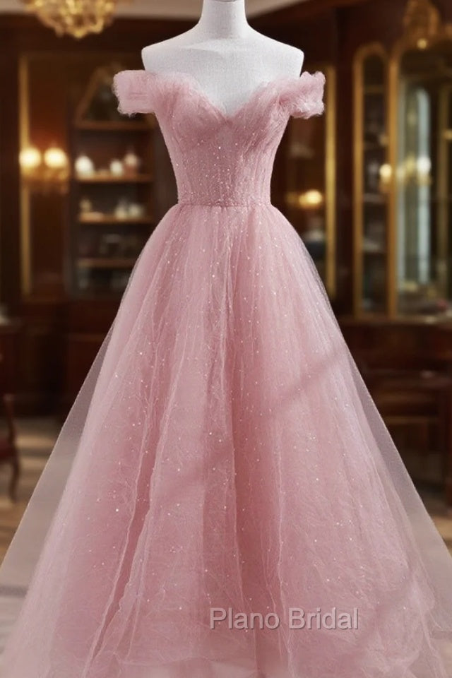 Pink Shiny Tulle Beaded Off Shoulder Long Party Dresses, Pink Tulle Formal Dresses Main image