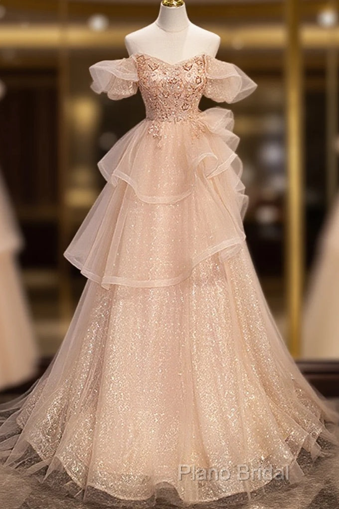 Pink Shiny Tulle Sweetheart Long Layers Party Dresses, A-Line Pink Tulle Formal Dresses Formal Prom Dresses