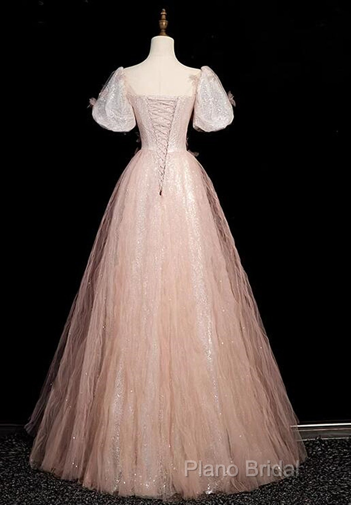 Pink Short Sleeves Tulle Sequins Long Party Dresses, Pink Tulle Formal Prom Dresses