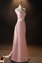Pink Simple Mermaid Straps Long Evening Dresses, Pink Formal Dresses Formal Prom Dresses