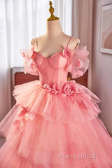 Pink Spaghetti Strap Tulle Long Formal Prom Dresses, Beautiful A-Line Formal Sweet 16 Dresses