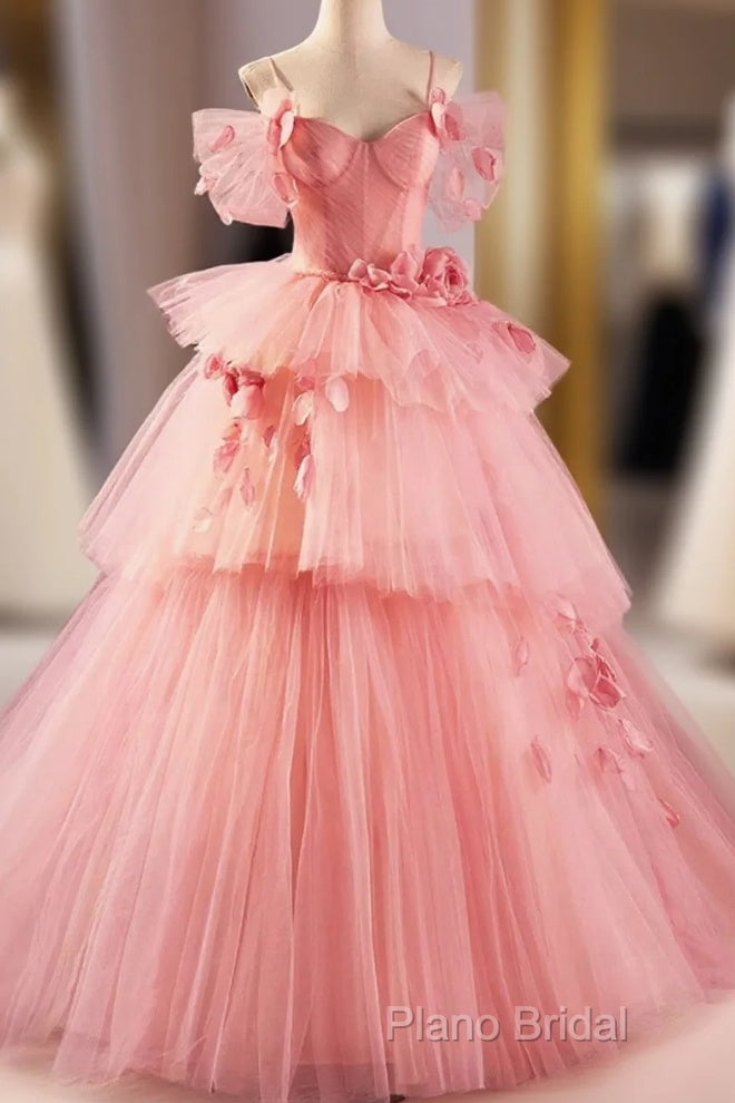Pink Spaghetti Strap Tulle Long Formal Prom Dresses, Beautiful A-Line Formal Sweet 16 Dresses