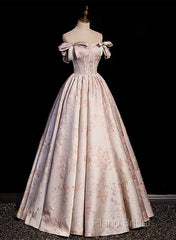 Pink Statin Off Shoulder Floral Long Party Dresses, Pink Sweetheart Formal Prom Dresses Formal Dresses