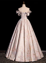 Pink Statin Off Shoulder Floral Long Party Dresses, Pink Sweetheart Formal Prom Dresses Formal Dresses