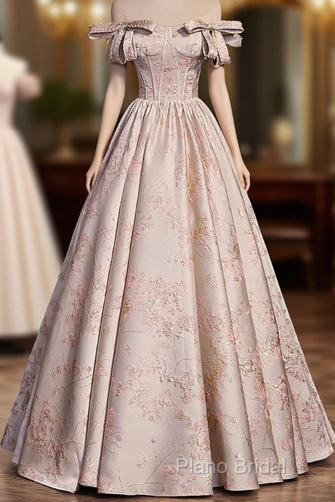 Pink Statin Off Shoulder Floral Long Party Dresses, Pink Sweetheart Formal Prom Dresses Formal Dresses Main image