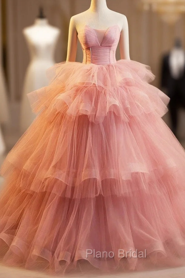 Pink Strapless Tulle Layers Ruffles Long Formal Prom Evening Dresses, Pink Sweet 16 Dresses Main image
