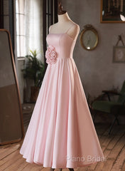 Pink Straps Sweetheart Long Satin Wedding Party Dresses, Pink Formal Dresses Formal Prom Dresses