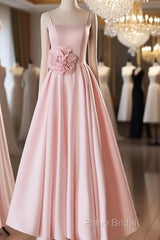 Pink Straps Sweetheart Long Satin Wedding Party Dresses, Pink Formal Dresses Formal Prom Dresses