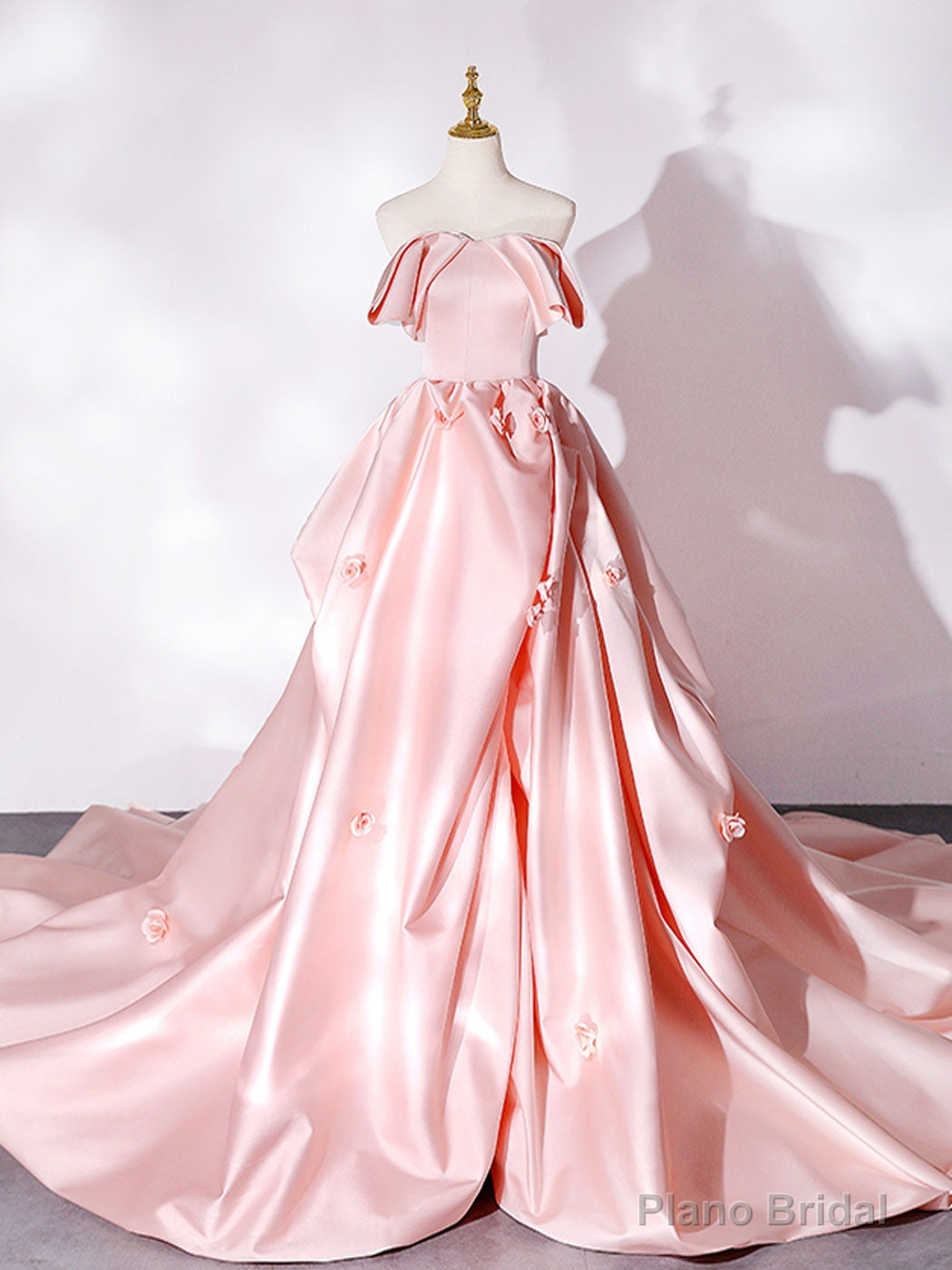 Pink Sweep Train Satin Long Prom Dress, Pink Formal Evening Dresses Secondary image