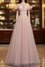 Pink Sweetheart Beaded Tulle Long Formal Prom Dresses, A-Line Pink Formal Dresses
