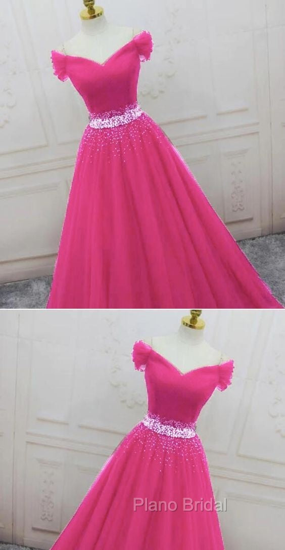 Pink Sweetheart Beaded Tulle Off Shoulder Long Formal Prom Dresses, Pink Formal Dresses Secondary image