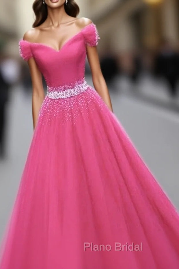 Pink Sweetheart Beaded Tulle Off Shoulder Long Formal Prom Dresses, Pink Formal Dresses Main image
