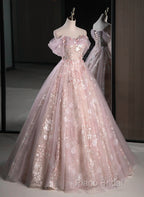 Pink Sweetheart Floral Lace And Tulle Formal Prom Dresses, Pink Sweetheart Long Party Dresses