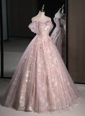 Pink Sweetheart Floral Lace And Tulle Formal Prom Dresses, Pink Sweetheart Long Party Dresses