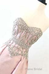 pink sweetheart neck beads long Formal Prom dress, pink evening dress