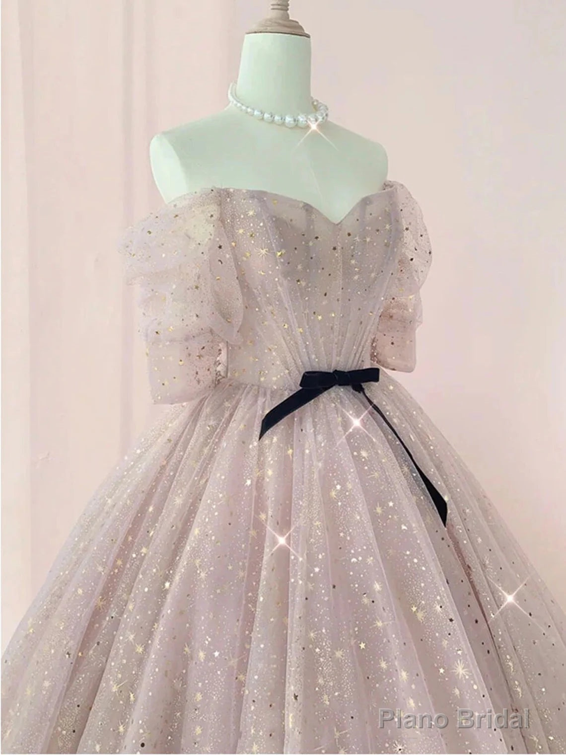 Pink Sweetheart-Neck Tulle Lace Half-Sleeve Prom Dresses, Pink Party Dress