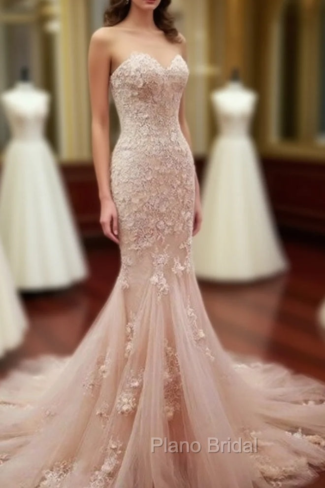 Pink Sweetheart Neck Tulle Mermaid Long Formal Prom Dresses, Wedding Dresses Main image