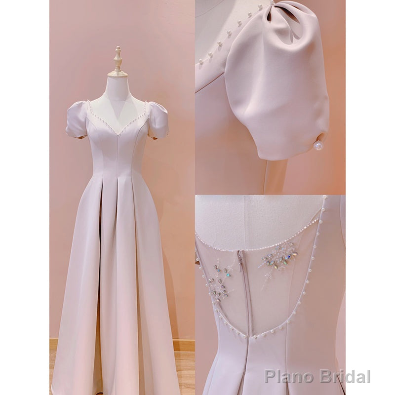 Pink Sweetheart Short Sleeves Floor Length Party Dress, Pink Wedding Party Dresses Secondary image