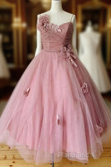 Pink Sweetheart Tulle Tea Length Formal Prom Dresses Bridesmaid Dresses