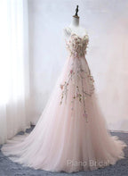 Pink Sweetheart Tulle With Lace Flowers Long Formal Dresses, Pink Tulle Formal Prom Dresses