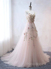 Pink Sweetheart Tulle With Lace Flowers Long Formal Dresses, Pink Tulle Formal Prom Dresses