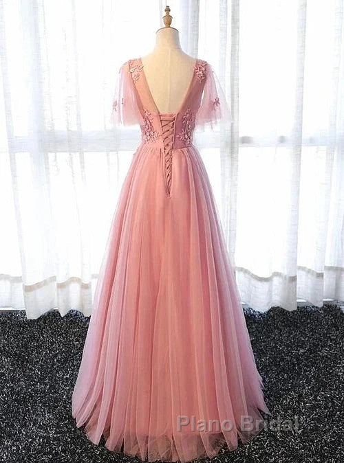 Pink Tulle A-Line Long Party Dresses Bridesmaid Dresses A Line Short Sleeves Floor Length Formal Prom Dresses Secondary image