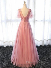 Pink Tulle A-Line Long Party Dresses Bridesmaid Dresses A Line Short Sleeves Floor Length Formal Prom Dresses