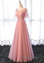 Pink Tulle A-Line Long Party Dresses Bridesmaid Dresses A Line Short Sleeves Floor Length Formal Prom Dresses