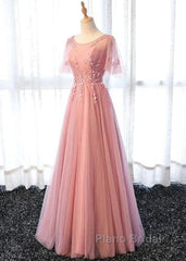 Pink Tulle A-Line Long Party Dresses Bridesmaid Dresses A Line Short Sleeves Floor Length Formal Prom Dresses