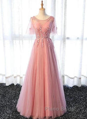 Pink Tulle A-Line Long Party Dresses Bridesmaid Dresses A Line Short Sleeves Floor Length Formal Prom Dresses