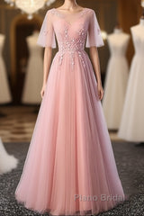 Pink Tulle A-Line Long Party Dresses Bridesmaid Dresses A Line Short Sleeves Floor Length Formal Prom Dresses