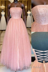 Pink tulle A-line long Formal Prom dress tulle formal dress