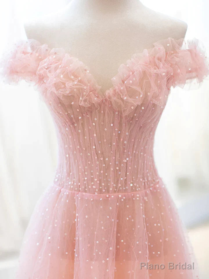 Pink Tulle A-line Long Prom Dress with Sequins, Off Shoulder Evening Dresses Secondary image