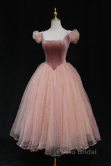 Pink Tulle And Velvet Short Sleeves Party Dresses, Pink Tea Length Formal Dresses
