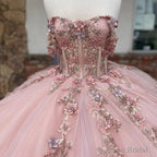 Pink Tulle Appliques Ball Gown Quinceanera Dresses