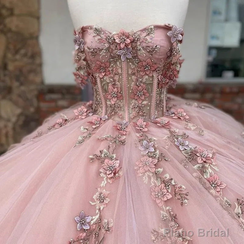 Pink Tulle Appliques Ball Gown Quinceanera Dresses