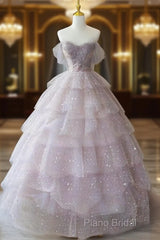 Pink Tulle Ball Gown Layers Long Party Dresses, Pink Shiny Tulle Sweet 16 Dresses