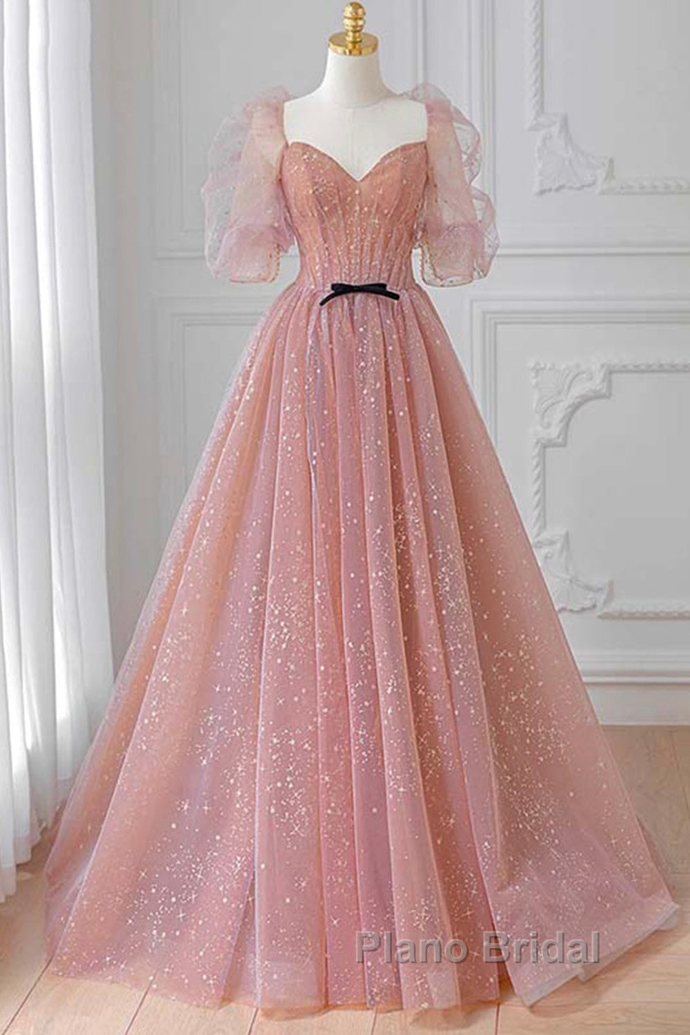 Pink Tulle Beautiful Puffy Sleeves Long Formal Prom Dresses, Pink A-Line Evening Dresses