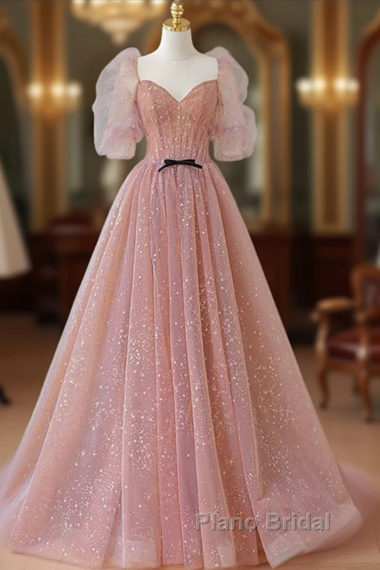Pink Tulle Beautiful Puffy Sleeves Long Formal Prom Dresses, Pink A-Line Evening Dresses