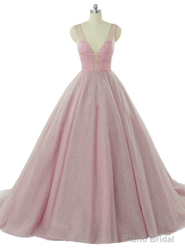 Pink Tulle Deep V-neck Sleeveless Backless Wedding Dresses Main image