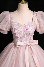 Pink Tulle Floral Floor Length Formal Prom Dresses, A-Line Short Sleeve Evening Dresses