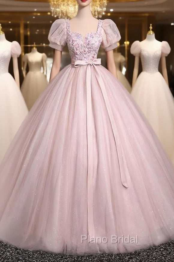 Pink Tulle Floral Floor Length Formal Prom Dresses, A-Line Short Sleeve Evening Dresses Main image