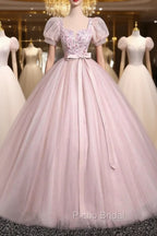 Pink Tulle Floral Floor Length Formal Prom Dresses, A-Line Short Sleeve Evening Dresses